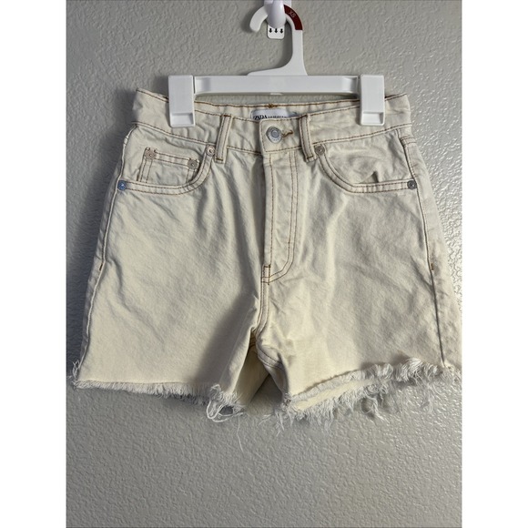 Zara Pants - ZARA Women's Beige Ivory High Waisted Cut Off Denim Shorts Button Fly Size 0